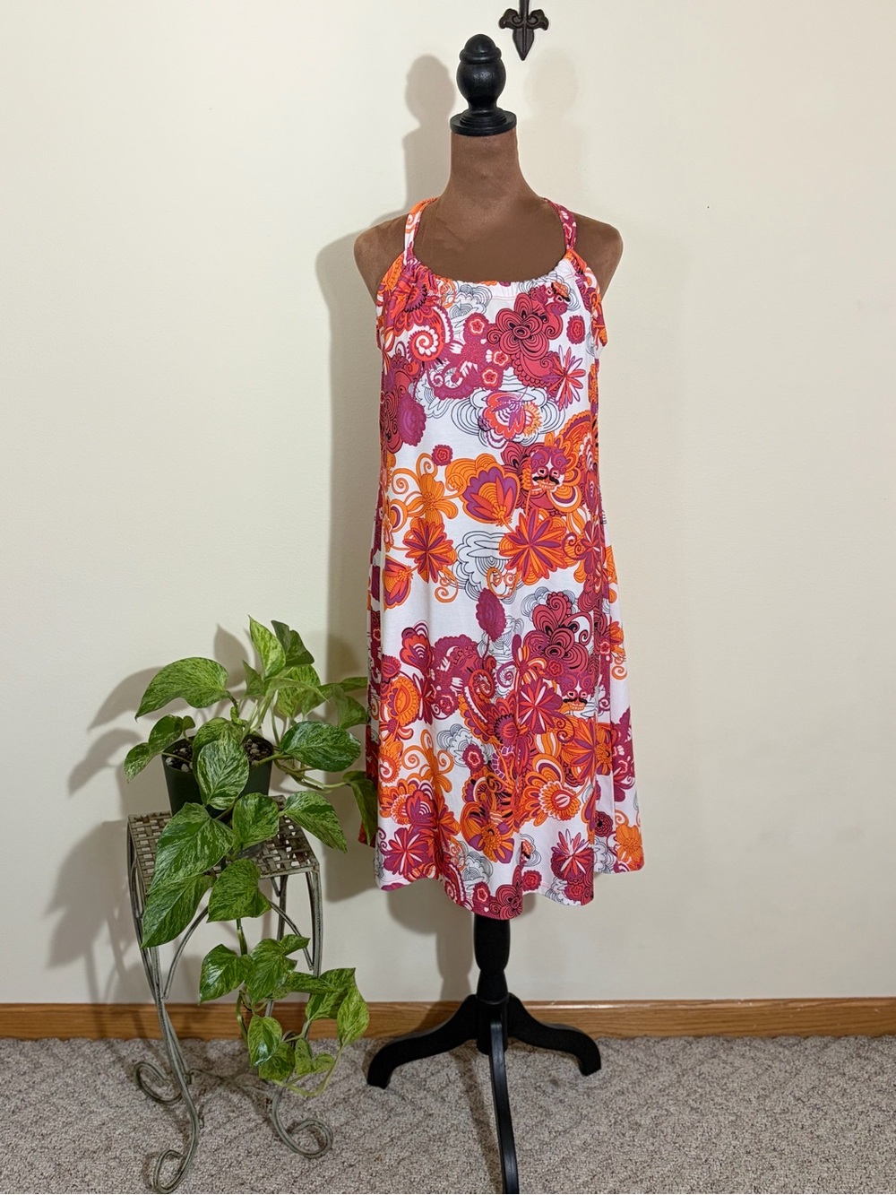 Prana Floral Halter Mini Dress in White, Orange & Pink